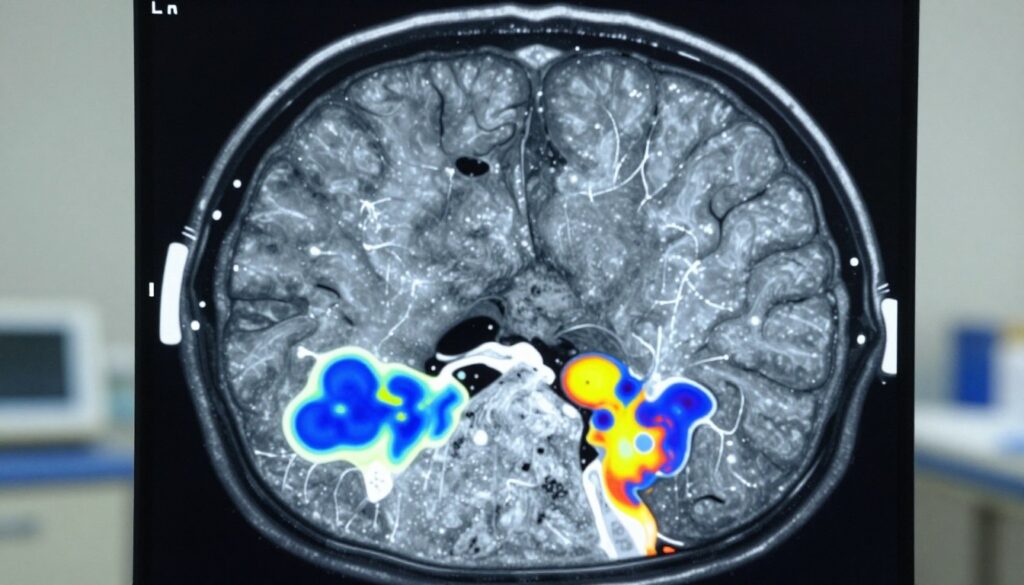 A detailed MRI scan image showcasing areas of contrast enhancement within brain tissue. In the foreground, vivid contrast patterns in bright colors highlighting specific regions, such as tumor or vascular structures, show a clear distinction against the surrounding grey matter. The middle layer should depict the critical details of the MRI slice with a smooth, polished texture, emphasizing the variation in intensity and signal. The background can be a soft blur representing a hospital environment, with subtle hints of medical equipment. The lighting should be evenly diffused, mimicking clinical illumination for an accurate representation. The overall atmosphere should convey a sense of professionalism and medical precision, aimed at educating viewers about MRI contrast enhancement. A detailed MRI scan image showcasing areas of contrast enhancement within brain tissue. In the foreground, vivid contrast patterns in bright colors highlighting specific regions, such as tumor or vascular structures, show a clear distinction against the surrounding grey matter. The middle layer should depict the critical details of the MRI slice with a smooth, polished texture, emphasizing the variation in intensity and signal. The background can be a soft blur representing a hospital environment, with subtle hints of medical equipment. The lighting should be evenly diffused, mimicking clinical illumination for an accurate representation. The overall atmosphere should convey a sense of professionalism and medical precision, aimed at educating viewers about MRI contrast enhancement.