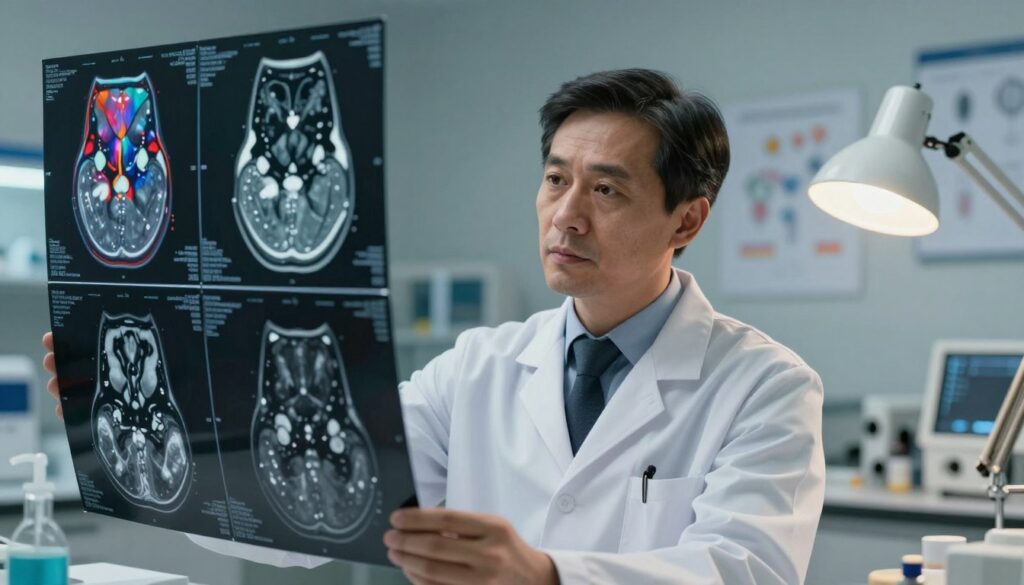 A detailed comparison of MRI scans with and without contrast enhancement, showcasing the differences in imagery. In the foreground, show two MRI scan images side by side—one vibrant and colorful representing contrast-enhanced imaging, and the other grayscale depicting standard scans. The middle layer should feature a professional radiologist in a lab coat, examining the scans with a thoughtful expression, illuminated by soft, ambient lighting from a desk lamp. In the background, a subtle, blurred laboratory setting with medical equipment and charts conveys a clinical atmosphere. The scene should feel informative and engaging, emphasizing the importance of understanding imaging techniques in medical diagnostics. A detailed comparison of MRI scans with and without contrast enhancement, showcasing the differences in imagery. In the foreground, show two MRI scan images side by side—one vibrant and colorful representing contrast-enhanced imaging, and the other grayscale depicting standard scans. The middle layer should feature a professional radiologist in a lab coat, examining the scans with a thoughtful expression, illuminated by soft, ambient lighting from a desk lamp. In the background, a subtle, blurred laboratory setting with medical equipment and charts conveys a clinical atmosphere. The scene should feel informative and engaging, emphasizing the importance of understanding imaging techniques in medical diagnostics.