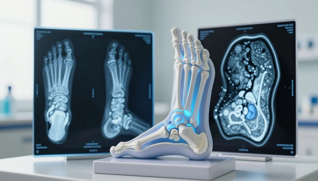 A detailed comparison of imaging studies of the foot. In the foreground, showcase a high-quality anatomical model of a human foot with visible bone structure, highlighted in a soft blue light. Surrounding the model, display various imaging techniques: an X-ray image of a foot on one side, demonstrating clear bone outlines, and on the other side, a 3D MRI scan showing soft tissues and ligaments. In the background, a clean and bright medical examination room with soft natural lighting filters through a window, creating an informative and clinical atmosphere. The angle should be slightly elevated, giving a clear view of the foot model and the images, conveying a sense of professionalism and precision in medical diagnostics.
