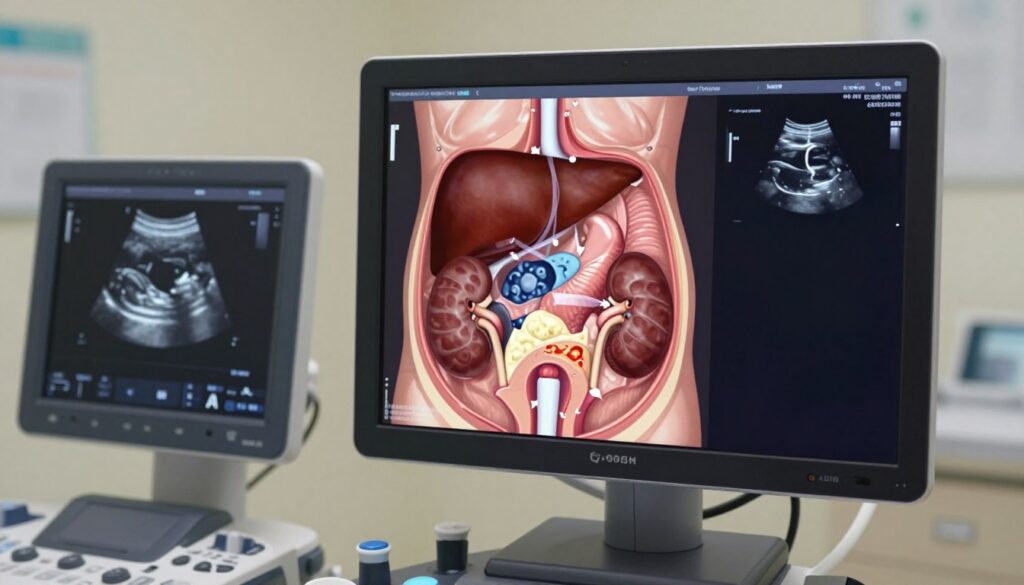 A detailed illustration of an abdominal ultrasound scan, showcasing various internal organs such as the liver, kidneys, and gallbladder, with visual representations of abnormalities identified in the scan. In the foreground, a close-up of the ultrasound equipment displaying the scan results on the screen. In the middle, an anatomical diagram highlighting the organs with arrows pointing to areas of concern, such as cysts, stones, or enlarged tissues, depicted in a transparent overlay. The background features a neutral medical office environment, softly lit to create a calm atmosphere. The image should convey a sense of professionalism and education, without any people present, focusing solely on the ultrasound results. A detailed illustration of an abdominal ultrasound scan, showcasing various internal organs such as the liver, kidneys, and gallbladder, with visual representations of abnormalities identified in the scan. In the foreground, a close-up of the ultrasound equipment displaying the scan results on the screen. In the middle, an anatomical diagram highlighting the organs with arrows pointing to areas of concern, such as cysts, stones, or enlarged tissues, depicted in a transparent overlay. The background features a neutral medical office environment, softly lit to create a calm atmosphere. The image should convey a sense of professionalism and education, without any people present, focusing solely on the ultrasound results.