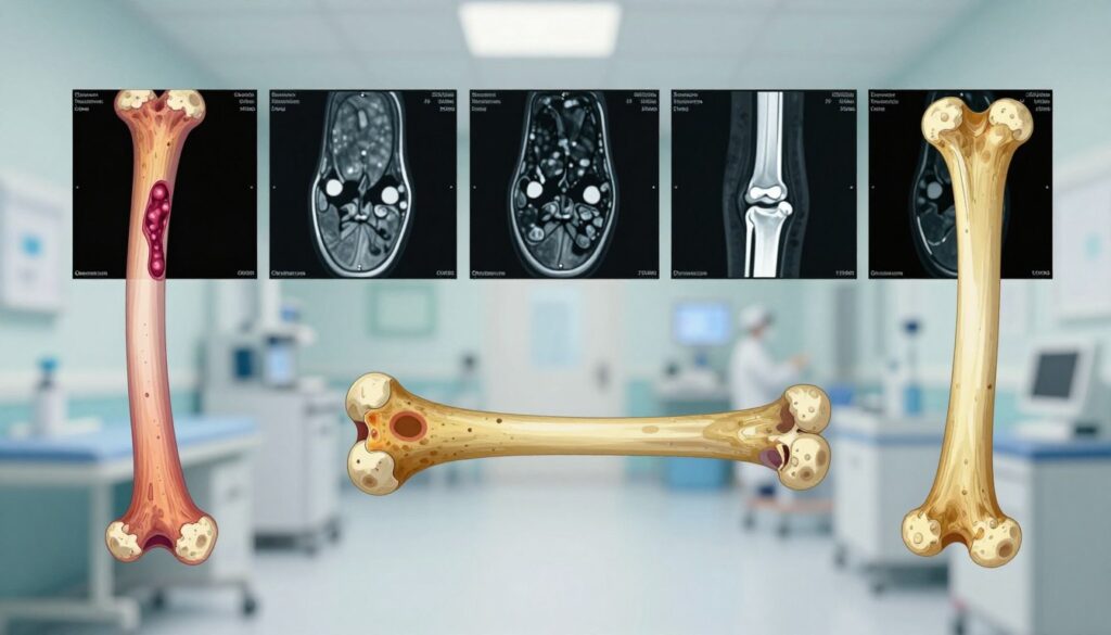 A detailed medical illustration showcasing the various types of bone cancer and sarcoma, with a clear focus on different tumor types. In the foreground, highlight representative bone structures affected by these cancers, including osteosarcoma and chondrosarcoma, depicted with distinct textures and colors that indicate abnormal growth. The middle section features MRI scans or images of affected bones, capturing clear differences in density and structure. The background includes a softly blurred hospital environment, evoking a clinical and professional atmosphere. Soft, even lighting casts a serious yet informative mood, with educational elements indicative of medical research. The overall composition should be clean and focused, ensuring that the subject matter is the primary emphasis, free of any text or distractions. A detailed medical illustration showcasing the various types of bone cancer and sarcoma, with a clear focus on different tumor types. In the foreground, highlight representative bone structures affected by these cancers, including osteosarcoma and chondrosarcoma, depicted with distinct textures and colors that indicate abnormal growth. The middle section features MRI scans or images of affected bones, capturing clear differences in density and structure. The background includes a softly blurred hospital environment, evoking a clinical and professional atmosphere. Soft, even lighting casts a serious yet informative mood, with educational elements indicative of medical research. The overall composition should be clean and focused, ensuring that the subject matter is the primary emphasis, free of any text or distractions.