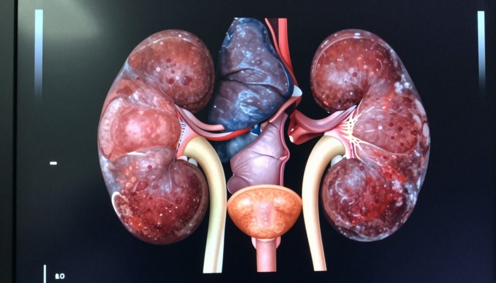 A detailed ultrasound scan of the kidneys, spleen, and urinary bladder, presented in vibrant color and clarity. In the foreground, focus on the anatomical structure of the kidneys, with the spleen adjacent. The urinary bladder is clearly visible in the middle ground, all depicted with clear demarcation to highlight different tissue types. Use a soft, diffused lighting effect to enhance the details of the organs, creating a sense of depth. The background should be an abstract representation of a clinical setting, subtly hinting at a medical context. The overall mood is clinical yet informative, aiming for a polished and professional aesthetic suitable for educational purposes. The view should be from a slight angle to emphasize dimensionality without distortion. No text or identifiers should be present.