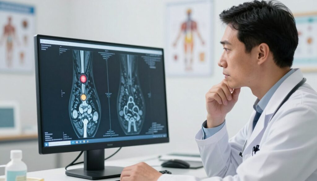 A medical professional, dressed in a white lab coat, is examining a detailed MRI scan of a bone on a digital monitor in a bright, modern hospital room. The foreground features the intense focus of the doctor, with a thoughtful expression, reflecting the serious nature of the findings. In the middle ground, the high-resolution monitor shows a clear, close-up image of a suspicious bone lesion, highlighted in semi-transparent colors for emphasis. The background includes medical charts and anatomical models, softly blurred to maintain focus on the primary subjects. The lighting is bright and clinical, enhancing the clean and professional atmosphere, evoking a sense of urgency and careful consideration as the physician contemplates the next steps in a patient’s diagnosis and care. A medical professional, dressed in a white lab coat, is examining a detailed MRI scan of a bone on a digital monitor in a bright, modern hospital room. The foreground features the intense focus of the doctor, with a thoughtful expression, reflecting the serious nature of the findings. In the middle ground, the high-resolution monitor shows a clear, close-up image of a suspicious bone lesion, highlighted in semi-transparent colors for emphasis. The background includes medical charts and anatomical models, softly blurred to maintain focus on the primary subjects. The lighting is bright and clinical, enhancing the clean and professional atmosphere, evoking a sense of urgency and careful consideration as the physician contemplates the next steps in a patient’s diagnosis and care.
