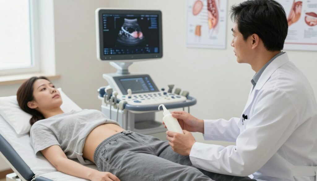 A medical professional in a well-lit examination room is preparing a patient for an abdominal ultrasound. The foreground captures the doctor, wearing a crisp white lab coat and professional attire, holding an ultrasound gel tube. The patient, dressed in modest, casual clothing, lies comfortably on an examination bed, looking calm and reassured. In the middle ground, the ultrasound machine is visible, with various buttons and a screen displaying a clear image of the abdomen. The background showcases medical charts and diagrams related to abdominal anatomy, creating a clinical atmosphere. Soft, natural light filters in from a window, adding warmth and tranquility to the scene, reflecting the importance of preparation for the ultrasound procedure.