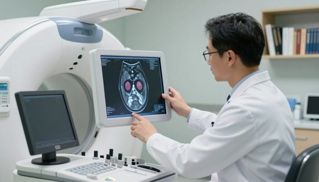 A medical professional is carefully examining an MRI scan of the prostate on a digital screen in a well-lit, modern radiology room. The foreground features the MRI machine, sleek and high-tech, with various controls and screens visible. In the middle, a doctor in a white lab coat, wearing glasses, is closely analyzing the detailed images, showcasing the prostate gland's structure in vivid clarity. The background includes shelves with medical books and equipment, softly blurred to keep the focus on the doctor and the MRI image. The lighting is bright yet soft, creating a clinical and professional atmosphere, conveying focus and precision in diagnosing prostate health issues. A medical professional is carefully examining an MRI scan of the prostate on a digital screen in a well-lit, modern radiology room. The foreground features the MRI machine, sleek and high-tech, with various controls and screens visible. In the middle, a doctor in a white lab coat, wearing glasses, is closely analyzing the detailed images, showcasing the prostate gland's structure in vivid clarity. The background includes shelves with medical books and equipment, softly blurred to keep the focus on the doctor and the MRI image. The lighting is bright yet soft, creating a clinical and professional atmosphere, conveying focus and precision in diagnosing prostate health issues.