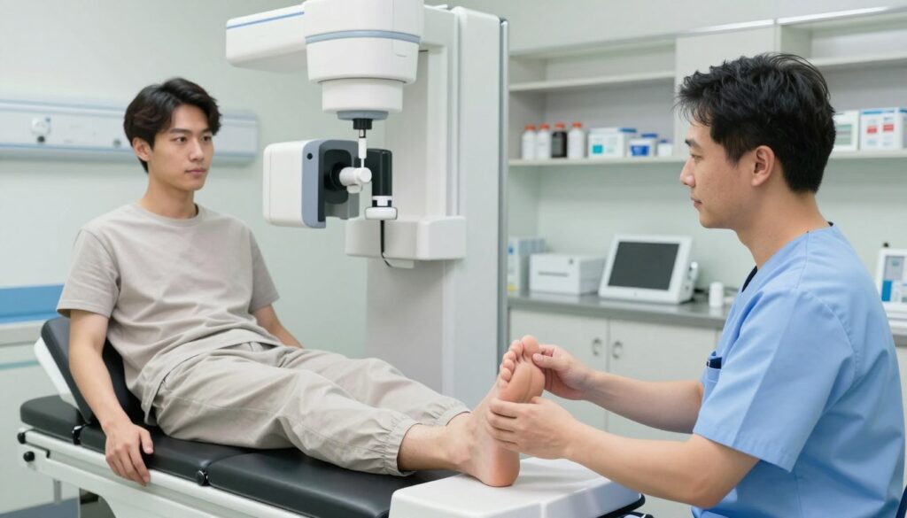 A medical technician prepares a patient for an X-ray of the foot inside a modern hospital room. In the foreground, the technician, dressed in a professional scrubs, carefully positions the patient's foot on the X-ray machine. The patient, wearing modest, comfortable clothing, looks relaxed and is seated on an examination table. In the middle ground, the clinical setting includes bright, clear lighting to ensure visibility and assist with the procedure, and the X-ray machine is prominently featured, showcasing its advanced technology. In the background, shelves of neatly organized medical supplies and equipment can be seen, emphasizing a clean, professional environment. The overall atmosphere is calm and reassuring, highlighting the importance of proper preparation for a foot X-ray.