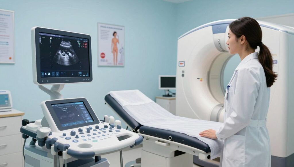 A modern medical examination room illuminated by soft, even lighting. In the foreground, a female healthcare professional dressed in a white lab coat stands beside a digital mammography machine, displaying advanced technology and controls. On the nearby countertop, an ultrasound machine with a sleek design is prominently featured, showcasing its screen with ultrasound images of breast tissue. In the middle ground, a comfortable examination table is visible, equipped with soft linens, creating an inviting atmosphere for patients. In the background, light blue walls adorned with health posters create a calming environment. The overall mood reflects professionalism and reassurance, emphasizing the importance of breast health. The image is devoid of any people, ensuring a focus on the medical equipment and setting.