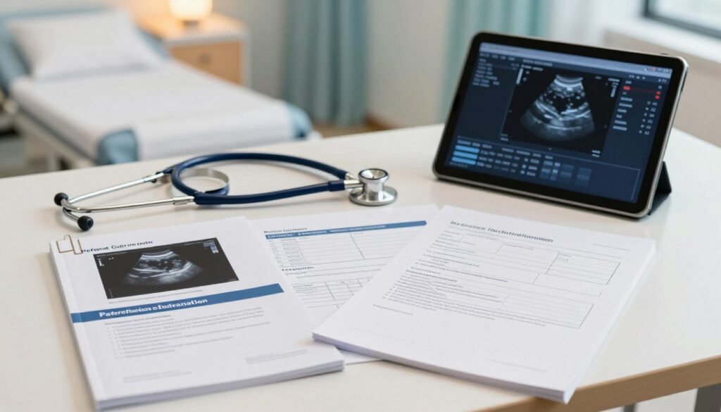 A neatly arranged desk scene showcasing essential documents for an abdominal ultrasound examination. In the foreground, there are a few important papers – a reference guide for ultrasound preparation, a patient information form, and a doctor's order form, all clearly labeled and organized with a paperclip. In the middle ground, a stethoscope and a digital tablet displaying medical information can be seen to convey a clinical setting. The background features a softly blurred hospital room with calming colors, illuminated by warm, inviting lighting to evoke a sense of reassurance. The overall atmosphere is professional and serene, emphasizing the importance of preparation for medical procedures without any human subjects present.