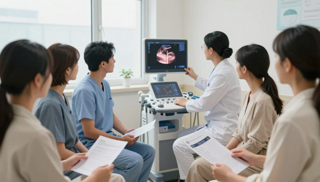 A serene clinic environment with a focus on abdominal ultrasound preparation. In the foreground, a diverse group of people dressed in professional, modest attire are engaged in a discussion, holding pamphlets and medical charts. In the middle ground, a medical practitioner is demonstrating the ultrasound machine, showcasing its bright screen displaying a healthy abdominal scan. Soft, natural lighting filters in from a large window, creating a calm atmosphere. The background features medical equipment neatly arranged, with soft blue and white tones to evoke cleanliness and professionalism. The composition is warm yet clinical, emphasizing the importance of preparation and understanding in the context of abdominal ultrasound procedures. A serene clinic environment with a focus on abdominal ultrasound preparation. In the foreground, a diverse group of people dressed in professional, modest attire are engaged in a discussion, holding pamphlets and medical charts. In the middle ground, a medical practitioner is demonstrating the ultrasound machine, showcasing its bright screen displaying a healthy abdominal scan. Soft, natural lighting filters in from a large window, creating a calm atmosphere. The background features medical equipment neatly arranged, with soft blue and white tones to evoke cleanliness and professionalism. The composition is warm yet clinical, emphasizing the importance of preparation and understanding in the context of abdominal ultrasound procedures.
