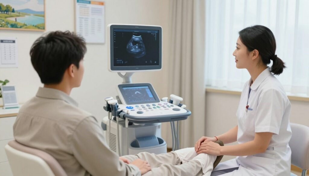 A serene medical clinic setting, focusing on the preparation process for an abdominal ultrasound. In the foreground, a patient, dressed in modest, comfortable clothing, sits calmly in a clean examination room, with a friendly nurse nearby providing guidance. The middle ground features a sleek ultrasound machine, with a soft, blue light emanating from it, creating a sense of calm. In the background, medical charts and a peaceful landscape painting on the wall add to the atmosphere. Soft, diffused natural light filters through a window, enhancing the feeling of tranquility and professionalism. The overall mood is reassuring and informative, depicting a safe and supportive environment for patients preparing for their ultrasound.