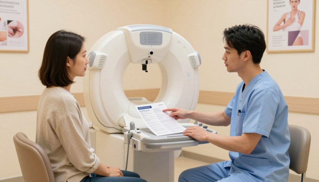 A serene medical consultation room focused on the process of preparing for a mammogram. In the foreground, a patient in modest casual clothing is sitting on a chair, calmly interacting with a professional technician in neat medical scrubs. The technician is explaining the procedure with supportive body language, pointing towards a brochure about mammography on a nearby table. In the middle, a mammogram machine is visible, subtly designed, with clear instructions displayed nearby. The background features soft, warm lighting that creates a reassuring atmosphere, with pastel-colored walls and framed motivational health posters. The scene aims for a professional yet inviting mood, emphasizing trust and safety in women's healthcare.