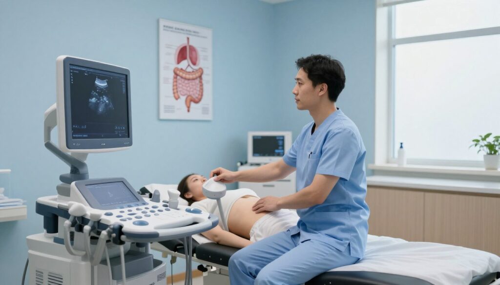 A serene medical examination room designed for abdominal ultrasound, featuring a modern ultrasound machine prominently in the foreground. In the middle, a professional technician in business attire gently prepares the equipment, demonstrating readiness and care. The background includes calming soft blue walls, warm ambient lighting, and medical posters detailing the digestive system. A window allows soft natural light to filter in, creating a tranquil atmosphere. The room is tidy and organized, emphasizing cleanliness and professionalism. The overall mood conveys a sense of reassurance and preparation, aligning perfectly with the theme of fasting and guidelines for the ultrasound procedure. No people are visible in the image; it focuses solely on the environment.