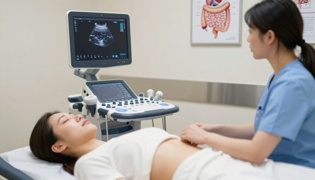 A step-by-step representation of an abdominal ultrasound procedure, showcasing a clinical environment. In the foreground, a patient in modest clothing lies on an examination table, comfortable yet attentive, while a healthcare professional, wearing scrubs, prepares the ultrasound machine. The middle ground features the sleek ultrasound device with a clear image displayed on the screen, highlighting the abdominal region. In the background, various medical instruments and posters outlining the digestive system are visible, creating an informative atmosphere. Soft, clinical lighting emphasizes cleanliness and professionalism, while a subtle depth of field focuses on the interaction between the patient and the healthcare provider. The overall mood is calm and reassuring, exemplifying the care involved in medical examinations.